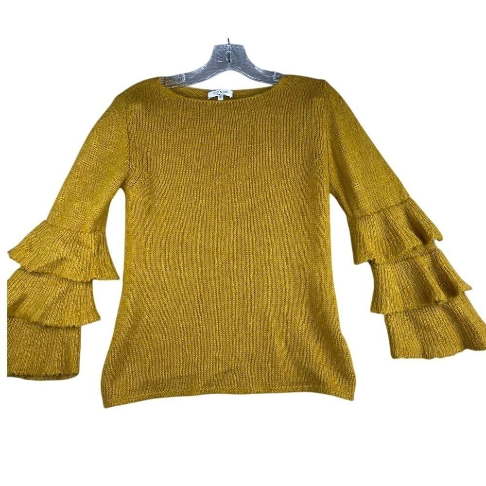 Gio & Gio‎ Made in Italy Ruffle Sleeve Sweater S Mustard Mohair Blend Romantic